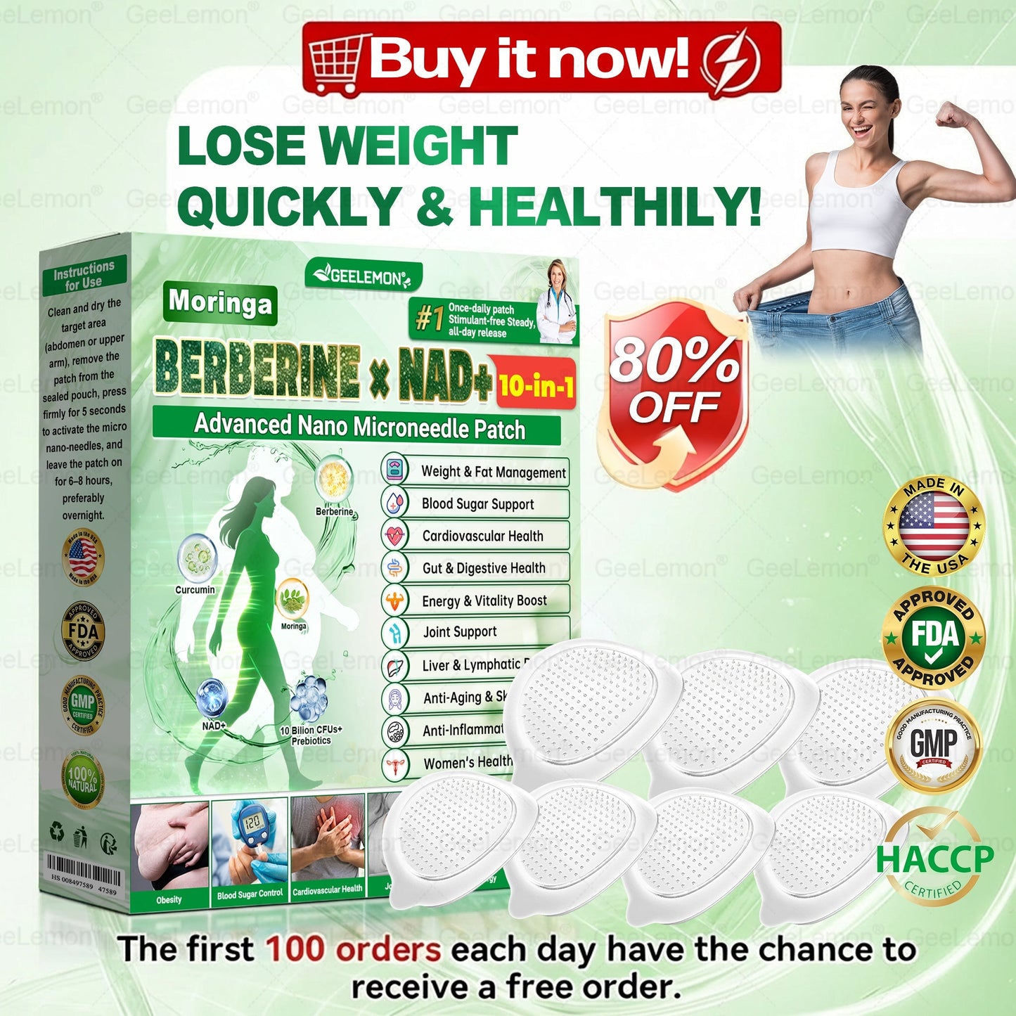 𝐆𝐞𝐞𝐋𝐞𝐦𝐨𝐧® 𝐌𝐨𝐫𝐢𝗻𝗴𝗮 · 𝐁𝐞𝐫𝐛𝗲𝗿𝗶𝗻𝗲 × 𝗡𝗔𝗗+ 𝟏𝟎 𝐢𝐧 𝟏 𝐀𝐝𝐯𝐚𝐧𝐜𝐞𝐝 𝗡𝗮𝗻𝗼 𝗠𝗶𝗰𝗿𝗼𝗻𝐞𝐞𝐝𝐥𝐞 𝐏𝐚𝐭𝗰𝗵(Just once a day, visible changes in 7 days) For obesity, cardiovascular health, diabetes, sleep apnea, thyroid gland, intestinal health, joint problems and more
