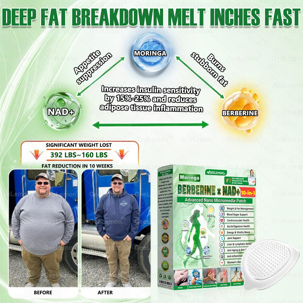 𝐆𝐞𝐞𝐋𝐞𝐦𝐨𝐧® 𝐌𝐨𝐫𝐢𝗻𝗴𝗮 · 𝐁𝐞𝐫𝐛𝗲𝗿𝗶𝗻𝗲 × 𝗡𝗔𝗗+ 𝟏𝟎 𝐢𝐧 𝟏 𝐀𝐝𝐯𝐚𝐧𝐜𝐞𝐝 𝗡𝗮𝗻𝗼 𝗠𝗶𝗰𝗿𝗼𝗻𝐞𝐞𝐝𝐥𝐞 𝐏𝐚𝐭𝗰𝗵(Just once a day, visible changes in 7 days) For obesity, cardiovascular health, diabetes, sleep apnea, thyroid gland, intestinal health, joint problems and more